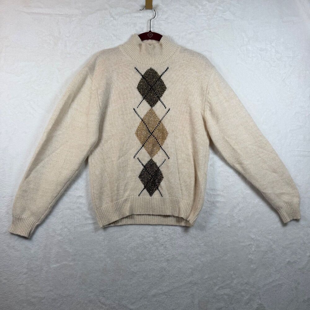 Talbots Women S Cream Argyle Mock Neck Sweater Wool Angora Metallic Gold
